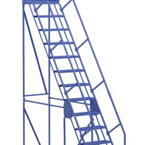 The blue Vestil Warehouse Ladder features 13 sturdy metal steps, handrails, two large rear wheels, stabilizing bars, and a top platform for easily reaching elevated areas.