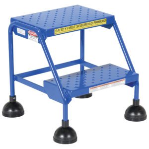 The Vestil Spring Loaded Roll Ladder Perf 2 Stp Blu is a blue metal two-step ladder with non-slip perforated treads, black suction cup feet, and features a yellow safety label in English and Spanish.