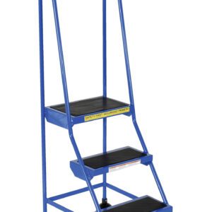The Vestil Spring Loaded Roll Ladder 3 Step Blue has a durable metal frame, black slip-resistant steps, and four round rubber feet for stability. It includes handrails for safety and a caution label on the top step, ensuring secure use.