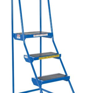 Check out the Vestil Spring Loaded Roll Ladder 4 Step Blue, featuring four non-slip steps, a secure handrail, and sturdy black rubber feet. A safety caution sign is prominently displayed on the front for your protection.
