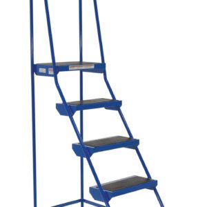 The Vestil Spring Loaded Roll Ladder 5 Step Blue features a tall support handle and a sturdy metal frame. It has rubber-tipped feet with non-slip steps for safety, making it versatile and essential for various tasks.