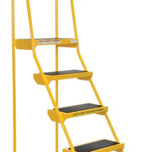 The Vestil Spring Loaded Roll Ladder 5 Step Yellow includes four wide, rubber-coated steps with visible safety warnings, a yellow frame, dual handrails for safety, and round stable feet.
