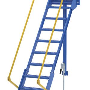 A blue industrial metal staircase with ten steps, featuring yellow safety handrails on both sides, resembles the 108 In Vestil Folding Mezzanine Ladder. Its small wheels imply portability and adjustability, making it ideal for versatile use.