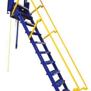 The Vestil Folding Mezzanine Ladder 120 In features blue metal steps and yellow handrails, designed for access. Supported by a hydraulic mechanism and wheels, it offers mobility and convenient 115Vac power storage capabilities.