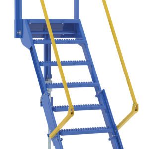 The Vestil Folding Mezzanine Ladder, 72 In, is a blue ladder with yellow handrails and seven steps. Equipped with wheels for easy mobility, its perfect for industrial use.
