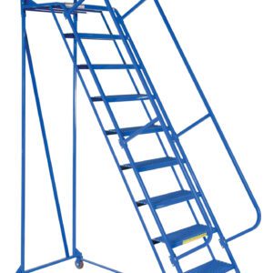 The Vestil Maintenance Ladder 10 Step Perforated comes in blue with handrails and wheels for easy movement. Its perforated structure, safety chain at the top, and ten steps provide stability and security while in use.