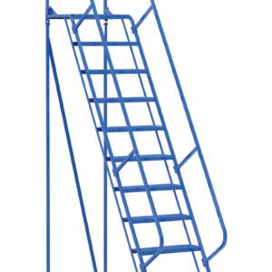 The Vestil Maintenance Ladder 11 Step Perforated is a blue rolling ladder with handrails on both sides, a safety chain at the top, and wheels for easy mobility. It has a tall frame and includes 11 perforated metal steps.