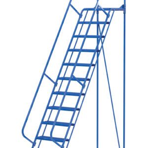 The Vestil Maintenance Ladder 12 Step Grip Strut is a blue mobile ladder with 12 steps, Grip Strut treads, wheels, handrails, and safety chains at the top for secure access to high storage areas.