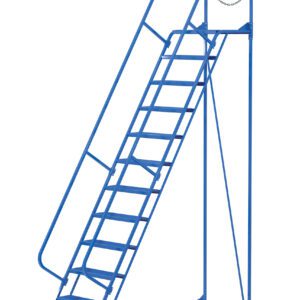 The Vestil Maintenance Ladder 12 Step Perforated, with a blue frame and small base wheels, is engineered for industrial efficiency. It features perforated handrails and a top-entry safety chain to ensure stability and security in challenging environments.