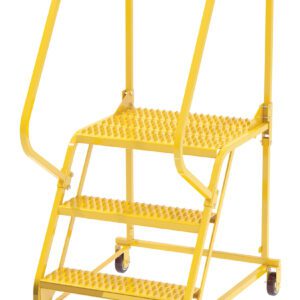 The Vestil Maintenance Ladder Grip Strut 3-Step Yellow features a safe, non-slip surface, safety handrails, and a chain at the top entry. Its three-step design includes a top platform and is supported by wheels for easy mobility.