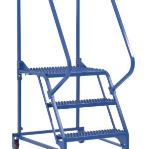 The Vestil Maintenance Ladder 3 Step Grip Strut comes in blue and includes three steps with Grip Strut surfaces, handrails, and rear wheels. It features a protective chain across the top for enhanced safety.