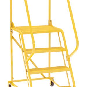The Vestil Maintenance Ladder Perforated 4-Step Yellow is a metal rolling ladder with safety perforations, side handrails, and a secure chain. Its four wheels offer easy mobility, ensuring safe and convenient maintenance tasks.