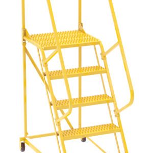 The Vestil Maintenance Ladder Grip-Strut 5-Step Yellow has railings, a top chain, and wheels for easy mobility.