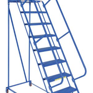 The Vestil Maintenance Ladder 9 Step Perforated boasts a robust design with nine perforated steps, side handrails, and a safety chain. Its sturdy build and four-wheel base ensure mobility, making it ideal for warehouse or industrial settings.
