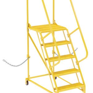 The Vestil Semi-Trailer Access Ladder is a sturdy, yellow, mobile step ladder with five 5-Grip steps, guardrails, and safety chains for industrial or warehouse use. It supports 350# and has wheels for easy mobility.