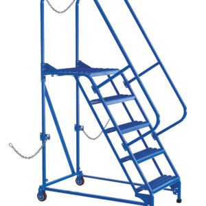 The blue metal Vestil Semi-Trailer Access Ladder (5-Step, 350#) is mobile with wheels, and includes handrails and safety chains. It offers a secure top platform for standing.
