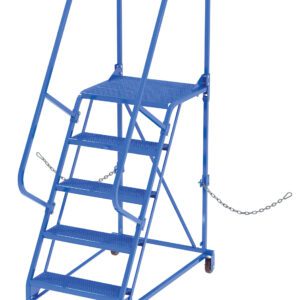 The Vestil Semi-Trailer Access Ladder, 5-Perf Step, 350#, is a blue mobile ladder with five perforated steps, safety handrails, and a safety chain; it includes wheels for easy movement and has a secure top platform.
