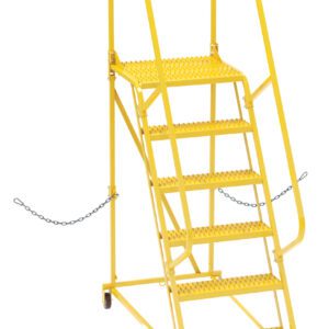 The Vestil Semi-Trailer Access Ladder, 6-Grip Step Yellow, 350#, features five grated steps, dual handrails, securing chains for safety, and wheels for mobility, making it ideal for various tasks.