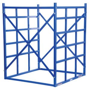 The Vestil Long Bar Pigeon Hole Rack 7.7K Cap features an open grid design with side and back cross bracing, offering a sturdy, industrial look. Its rectangular shape is ideal for securing items, providing versatile storage solutions.