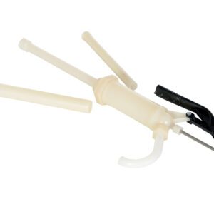 The Vestil Drum Pump Lever Action PTFE is designed for liquid transfer and features a durable PTFE construction with a black handle and white tube attachments, set against a plain white background.