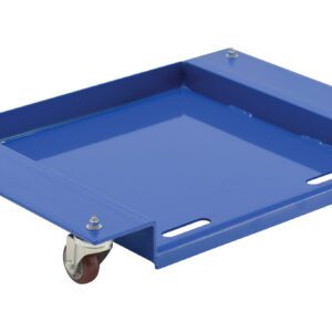 The blue rectangular Vestil Dolly Low Profile Floor Hugger 840 Lb is a sturdy metal dolly with four swivel caster wheels and two side openings for easy handling, allowing it to effortlessly transport heavy items up to 840 lb.