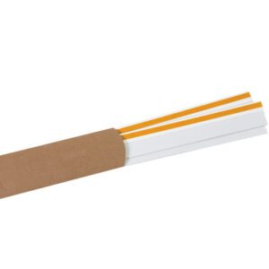 The 1 1/4 x 48 Slip-Strip™ Label Holder Strips, featuring white and orange strips emerging from a brown cardboard sleeve, are neatly organized for storage and use. They come six per case.