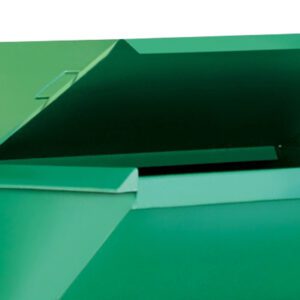 A metal dumpster, similar to the Vestil Steel Hopper Lid-Front & Back 1 Cu Yd, stands with its lid partially open on a plain white background, showcasing its clean surface and angled design for efficient use.