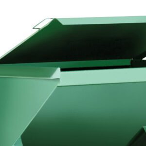 A green metal dumpster, similar to the Vestil Steel Hopper Lid-Front 1.5 Cu Yd, stands with its lid ajar against a white background.