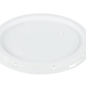 The white plastic Vestil Tear-Tab Lid for a 2-gallon pail features embossed text, a recycling symbol, a round shape with a slightly raised edge and notches. Ideal for containers or jars, it rests against a plain white background.