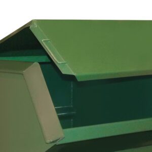 A green dumpster, like the Vestil Steel Hopper Lid-Front 2 Cu Yd, has its lid partially open, revealing an empty interior. The metal handles on the lid are visible against a pristine white background.