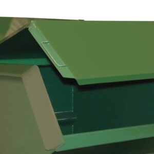 A Vestil Steel Hopper Lid-Front & Back 2 Cu Yd, partially open against a white backdrop, reveals its durable and efficient interior.