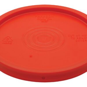 The Vestil Standard Lid for 3.5, 5, 6 Gal Red is a round plastic lid with raised text, circular indentations, and a recycling symbol. It features the words Cut at holes to remove cover for easy container sealing.