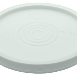 The Vestil Standard Lid for 3.5-6 Gal, made of white plastic, has embossed instructions and symbols, including a recycling symbol. It features concentric circles and cut-out instructions for user convenience near the edges.
