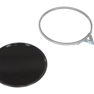 A Vestil Un Rated Liquid Lever-Lock Closing Ring and a black circular lid rest on a white background. The lid is flat and round, while the silver clamp features a blue lever for tightening.