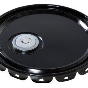 A black plastic round object, similar to the Vestil Un Rated Spout Top Steel Lid 5 Gal Black, has a central circle with a transparent cover. The edge is adorned with evenly spaced notches, and it sits gracefully on a white background.