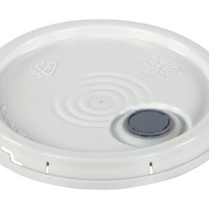 The Vestil Un Rated Spout Top Plastic Lid 5 Gal Wt is a white plastic bucket lid with a central circular gray gasket, embossed text, recycling symbols, and edge indents for easy handling.
