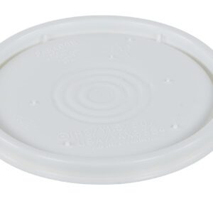 The Vestil Un Rated Plastic Lid 5 Gallon White is a round, embossed lid with hashtag, triangle, PARAGON, USA, and AX3384 symbols. It features central circular ridges to fit a 5-gallon container.