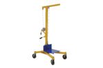 The Vestil Portable Work Site Lift 500 Lb Capacity features a manual winch and four caster wheels, supports 500 lbs, and is designed in yellow and blue. This free-standing lift offers a sturdy platform for lifting materials, perfect for industrial or warehouse settings.