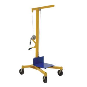 The Vestil Portable Work Site Lift 500 Lb Capacity features a manual winch and four caster wheels, supports 500 lbs, and is designed in yellow and blue. This free-standing lift offers a sturdy platform for lifting materials, perfect for industrial or warehouse settings.