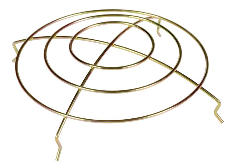 The Vestil Wire Guard (Incandescent) 6 In Diameter has a metallic circular wire design, spiral pattern, and three outward prongs. It offers protection and support, all set elegantly against a pristine white background.