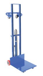 The Vestil Foot Pump Lite Load Lifter Fixed Wheel is a blue industrial hand truck ideal for moving heavy items. It has a hydraulic mechanism and fixed wheels, with a circular handle for easy maneuverability.