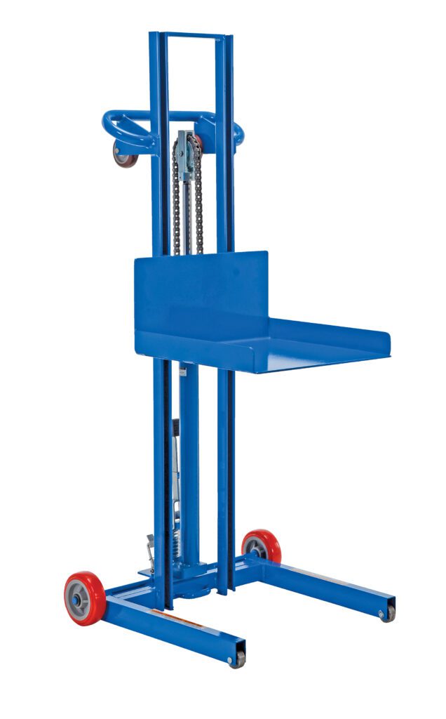 LLPH-500-FW_A.jpg The Vestil Low Profile Foot Pump Lift Fixed Wheel is a blue manual pallet stacker with a platform and red wheels. It features a chain mechanism, perfect for lifting heavy loads in warehouses or industrial settings, ensuring seamless operation and enhanced maneuverability.