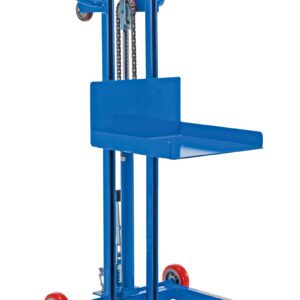 The Vestil Low Profile Foot Pump Lift Fixed Wheel is a blue manual pallet stacker with a platform and red wheels. It features a chain mechanism, perfect for lifting heavy loads in warehouses or industrial settings, ensuring seamless operation and enhanced maneuverability.