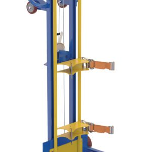 The Vestil Gas Cylinder Lifter boasts a sturdy metal frame, a blue and yellow design with red wheels, and adjustable straps. Its ideal for carrying heavy items, featuring a useful lifting platform at its base.