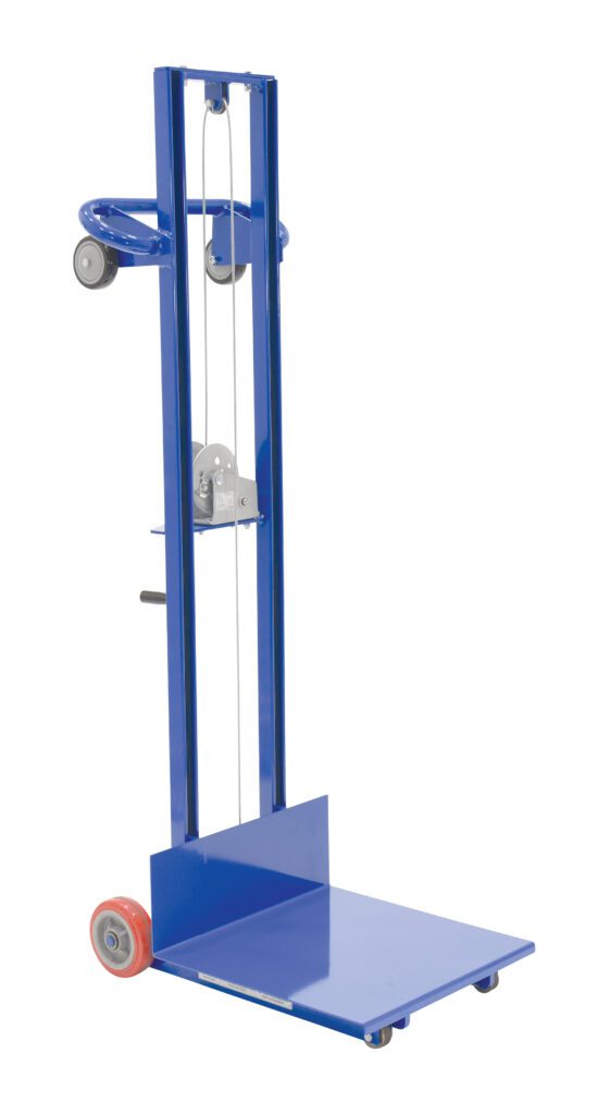 The Vestil Steel Winch Lite Load Lifter Fixed Wheel hand truck has a flat platform, two fixed rear wheels for easy movement, a curved handle for a secure grip, and a winch mechanism to simplify lifting and transporting items.