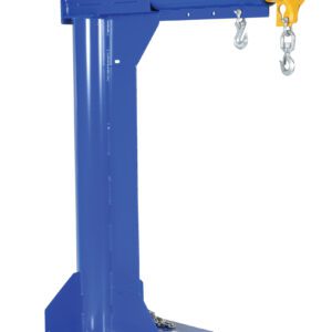 The Vestil High Rise Boom Telescoping 6K 24 In Fork is a blue industrial lifting arm designed with a yellow hook and two telescoping metal hooks, ideal for heavy-duty lifting tasks up to 6,000 lbs and reaching up to 24 inches.