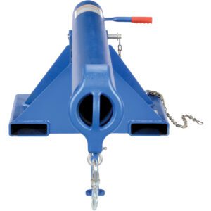 A front view of a blue manual boat winch, with similarities to the sturdy Vestil Orbit Non-Telescoping Lift Boom 4K 30 In, features a crank handle and hook. Mounted on a triangular base, its equipped with a chain for lifting or pulling against a plain white backdrop.