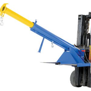 The Vestil Orbit Telescoping Lift Boom 4K 24In Fork, in blue and yellow, attaches to a forklift. Secured with chains and featuring a hook, its ideal for effortlessly lifting and moving heavy loads.