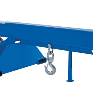 The blue Vestil Orbit Telescoping Lift Boom 8K 36In Fork has a yellow end cap, two metal hooks for load attachment, and rectangular base with slots for machinery connections, designed for heavy-duty material handling up to 8K.