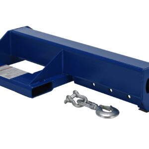 The Vestil Shorty Lift Boom 8K features a blue steel frame with rectangular cutouts, an attached metal chain, and hook for efficient lifting. Its hollow section has multiple holes on one side for versatile use.